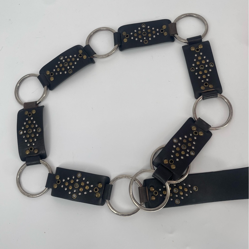 Y2K Grunge Black Leather Studded O Ring Belt Multicolored Metal Hardware